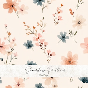 Può includere: Un motivo senza cuciture con fiori ad acquerello nei toni pesca, rosa e blu su sfondo crema. Il design include varie composizioni floreali e il testo "Seamless Pattern" e "Bena Designs".