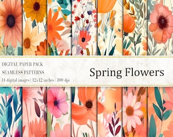 Watercolor Spring Floral Digital Paper: Seamless Flower Patterns (Digital Download)