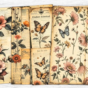 Papéis de diário vintage com borboletas, papéis de borboletas, download digital, papéis vintage, download digital, impressão de borboletas