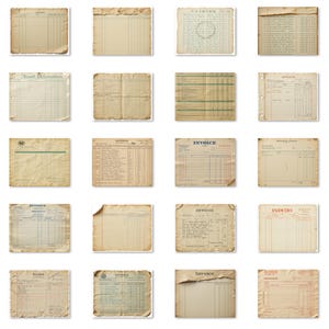 Peut inclure: Une collection de documents anciens sur papier, comprenant des factures, des re&ccedil;us et des pages de registre. Les papiers pr&eacute;sentent des tons jaunis et vieillis, avec des plis et des d&eacute;chirures visibles. L'ensemble est une grille de feuilles rectangulaires et carr&eacute;es.