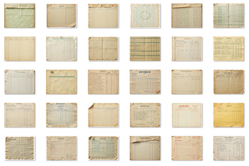 Peut inclure: Une collection de documents anciens sur papier, comprenant des factures, des re&ccedil;us et des pages de registre. Les papiers pr&eacute;sentent des tons jaunis et vieillis, avec des plis et des d&eacute;chirures visibles. L'ensemble est une grille de feuilles rectangulaires et carr&eacute;es.