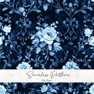 Puede incluir: Un patrón sin costuras con rosas y hojas azul claro sobre un fondo azul oscuro. El diseño incluye elementos florales y vides en espiral. El texto "Seamless Pattern" está en cursiva, con "Bena Designs" debajo.