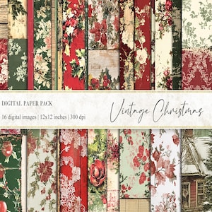 Vintage Christmas Digital Paper: Floral Scrapbook Backgrounds (12x12 inches, PNG)