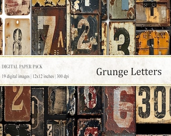 Grunge Letters Numbers Digital Paper Pack (12x12 inches)