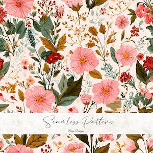 Könnte beinhalten: Ein nahtloses Blumenmuster mit rosa Blüten, gelben Zentren, roten Beeren und grünen und braunen Blättern auf cremefarbenem Hintergrund. Der Text "Seamless Pattern" und "Benn Designs" befindet sich unten.