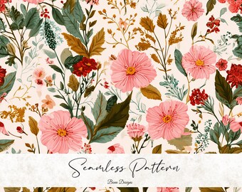 Cottagecore Floral Seamless Pattern: Dusty Pink and Olive Green Botanical Fabric Print (Digital Download)