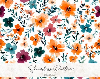 Watercolor Autumn Flowers Seamless Pattern: Fabric Print (Digital Download)