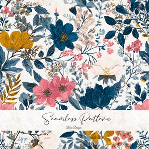 May include: A seamless floral pattern with pink, blue, and yellow flowers on a white backdrop. The design includes the text "Seamless Pattern" and "Bena Designs". The pattern is suitable for various applications.