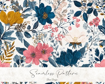 Delicate Botanical Seamless Pattern: Navy Blue, Mustard, and Pink Floral Fabric Print (Digital Download)