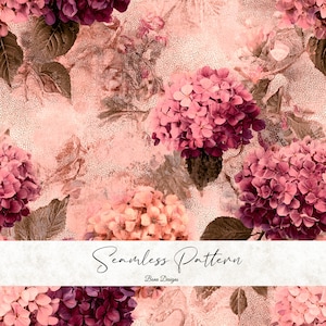 May include: Seamless pattern featuring clusters of pink and purple hydrangeas with green leaves on a textured, blush-colored background. The words "Seamless Pattern" and "Bena Designs" are written in a script font.