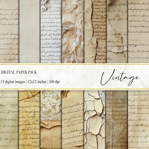 Op de afbeelding: Een digitaal papierpakket met 15 vintage-stijl afbeeldingen. De afbeeldingen bevatten handgeschreven tekst, kant en gebarsten papiertexturen. Elke afbeelding is 30,48 x 30,48 cm en 300 dpi.