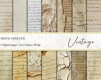 May include: A digital paper pack with 15 vintage-style images. The images feature handwritten text, lace, and cracked paper textures. Each image is 12x12 inches and 300 dpi.