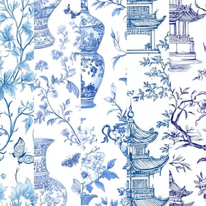 Blue Toile de Jouy Digital Paper: Chinoiserie Floral Patterns (12x12 inch PNG) (Digital Download) image 5