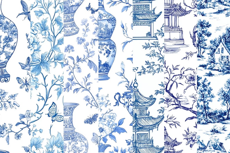 Blue Toile de Jouy Digital Paper: Chinoiserie Floral Patterns (12x12 inch PNG) (Digital Download) image 5