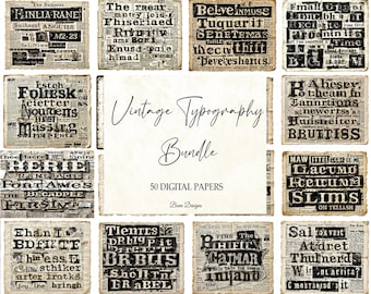 Vintage Typography Digital Paper Bundle: Collage, Junk Journal (Digital Download, 50 PNGs