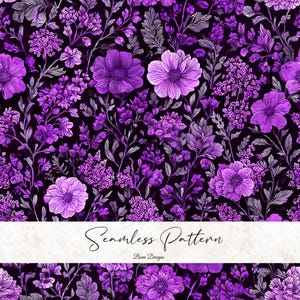 May include: Seamless pattern featuring a dark background with a repeating floral design. The flowers are various shades of purple, with detailed line work. The text "Seamless Pattern" and "Benn Designs" are in a white banner at the bottom.