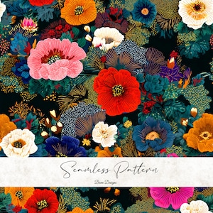 Può includere: Motivo floreale senza cuciture con fiori rosa, rossi, arancioni, blu e bianchi su sfondo scuro. Il testo "Seamless Pattern" e "Bena Designs" sono visualizzati. Un design decorativo.