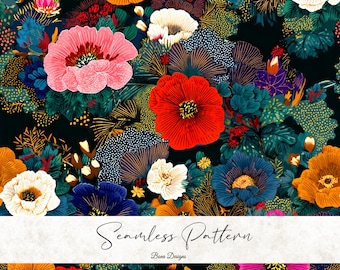 日本の花柄シームレスパターン：布プリント、スクラップブッキング（デジタルダウンロード）