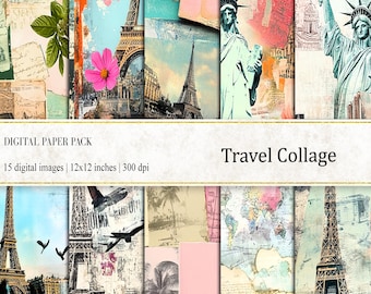 Pastel Travel Collage Digital Paper: Scrapbook & Journal (Digital Download)