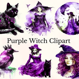 Purple Witch Clipart, Magic Witch Clipart, Witchcraft png,Watercolor Fantasy Clipart, Junk Journal, Magical Clip Art, Commercial Use