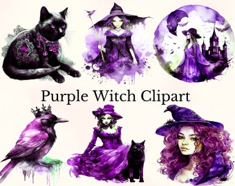 Purple Witch Watercolor Clipart: Fantasy Junk Journal (PNG, Commercial Use)