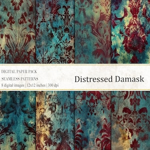Distressed Damask Digital Papers, Distressed Damask Print, Damask Seamless Patterns, Distressed Background, Damask Textures, commercial use