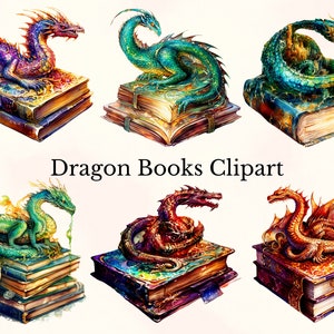 Watercolor Dragon Books Clipart, Watercolor Dragon Books, Fantasy Books Clip Art, Gothic books, Dragon Clipart, Commercial Use