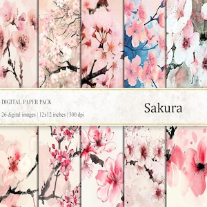 Papeles digitales Sakura, impresiones orientales, papeles digitales de flor de cerezo, páginas de diario basura de flor de cerezo, fondo asiático, impresiones de Sakura