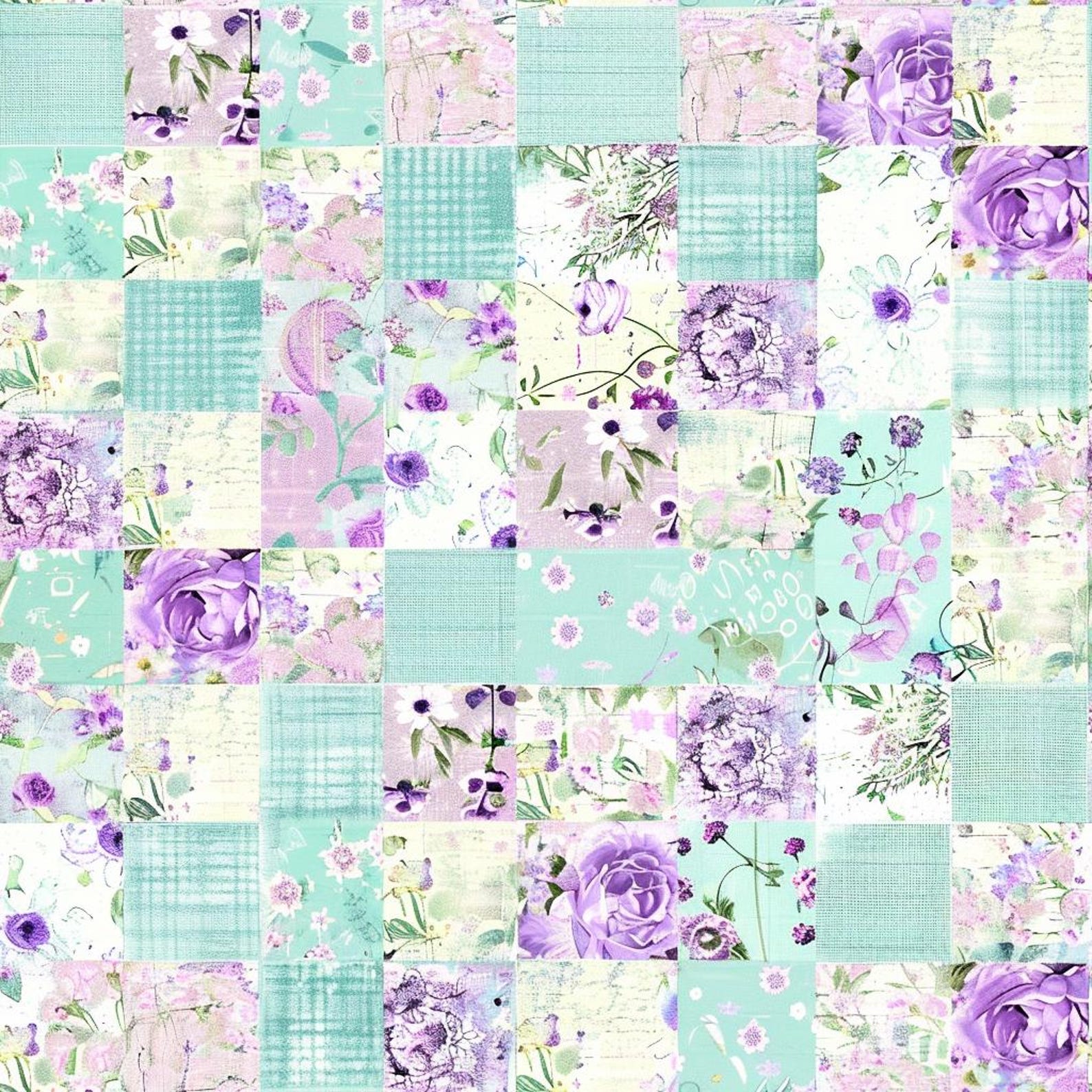Pastel Purple Blue Patchwork Floral Seamless Pattern: Flowers Fabric ...