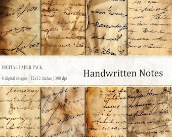 May include: Digital paper pack featuring eight images of aged, handwritten notes. Each image is 12x12 inches and 300 dpi. The paper has a vintage, sepia tone with elegant script writing.