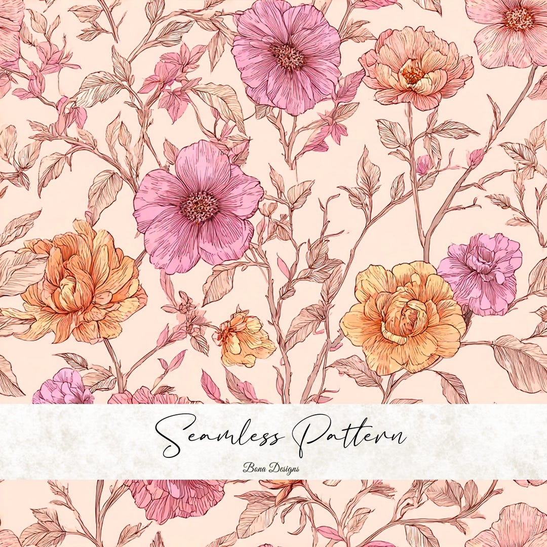 Pink Peach Boho Floral Seamless Pattern: Flowers Fabric Print (digital ...