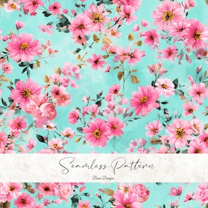 May include: Seamless floral pattern featuring pink flowers with yellow centers and green leaves on a light blue background. The words "Seamless Pattern" and "Bena Designs" are written in cursive.