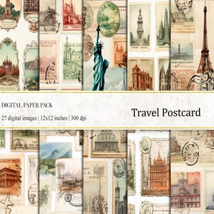 Papel digital para postales de viaje, papeles digitales de viaje, papeles de diario vintage, etiquetas de viaje antiguas, papel tapiz antiguo, papeles de diario