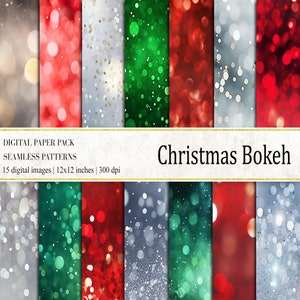 Christmas Bokeh Digital Papers, Bokeh Digital Papers, Bokeh Christmas Seamless Patterns, Red Green Silver Digital Papers