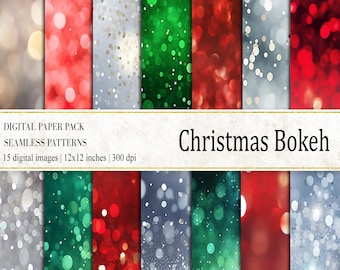 Christmas Bokeh Digital Papers: Red, Green, Silver Seamless Patterns (Digital Download)