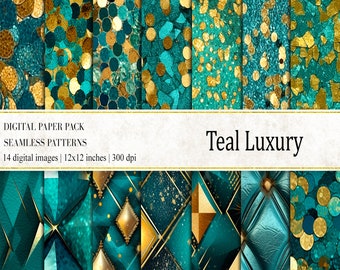 May include: A selection of teal and gold digital paper patterns. The patterns feature designs like confetti, geometric shapes, and textured surfaces. The image text reads "Teal Luxury" and "Digital Paper Pack, Seamless Patterns, 14 digital images, 30.5x30.5 cm, 300 dpi."