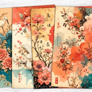 Japanisches Junk Journal Papier, Japanische Blumen Digitale Papiere, Sakura Seiten, digitaler Download, asiatischer Druck, kommerzielle Nutzung, orientalischer Druck