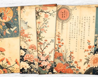 Puede incluir: Un conjunto de cuatro hojas de papel de estilo japonés vintage con diseños florales y texto en japonés. Las hojas presentan delicadas flores rosas y blancas, hojas verdes y un fondo azul. El texto en las hojas está en japonés y probablemente sea un poema o una historia.