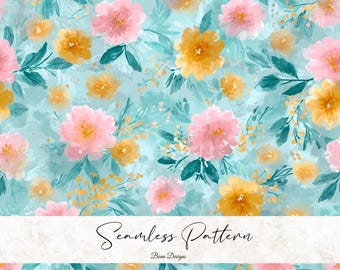 May include: Watercolor floral seamless pattern in shades of pink and yellow on a light blue background. The design features various flowers and leaves. The text "Seamless Pattern" is displayed in a cursive font.