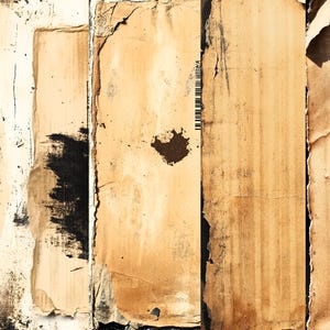 May include: Close-up of a textured, brown cardboard surface with a barcode and black ink stains. The cardboard is torn and worn, giving it a vintage look.