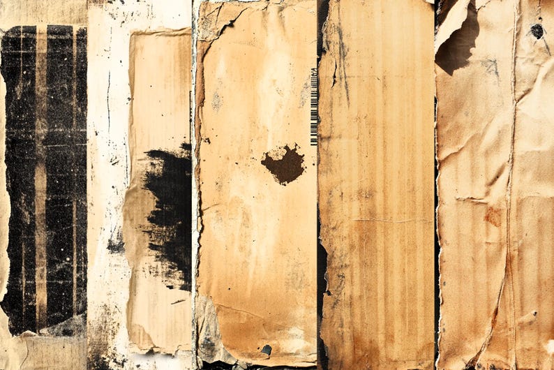 May include: Close-up of a textured, brown cardboard surface with a barcode and black ink stains. The cardboard is torn and worn, giving it a vintage look.