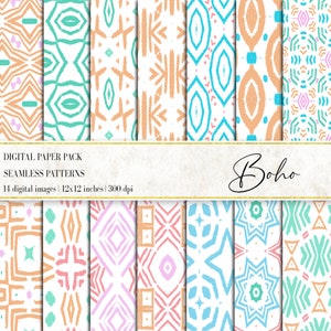 May include: A collection of 14 digital seamless patterns in a Boho style. The patterns feature geometric designs in shades of orange, teal, pink, and blue on a white background. The text "DIGITAL PAPER PACK" and "SEAMLESS PATTERNS" is visible.