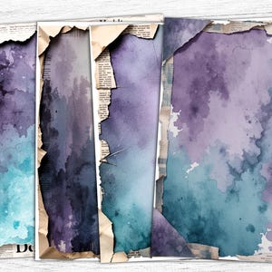 Carta da giornale grunge blu e viola, carta strappata da giornale grunge, carta grunge acquerello, carta grunge, stampabile grunge, stampabile acquerello
