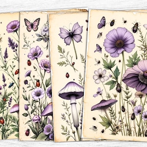 Papéis de diário botânicos roxos, papel digital botânico, arte de borboletas, borboletas vintage, imprimíveis de ervas, download digital
