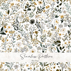 May include: A seamless pattern featuring a botanical design with various flowers and foliage in shades of white, green, and gold on a white background. The text "Seamless Pattern" is displayed in a cursive font.