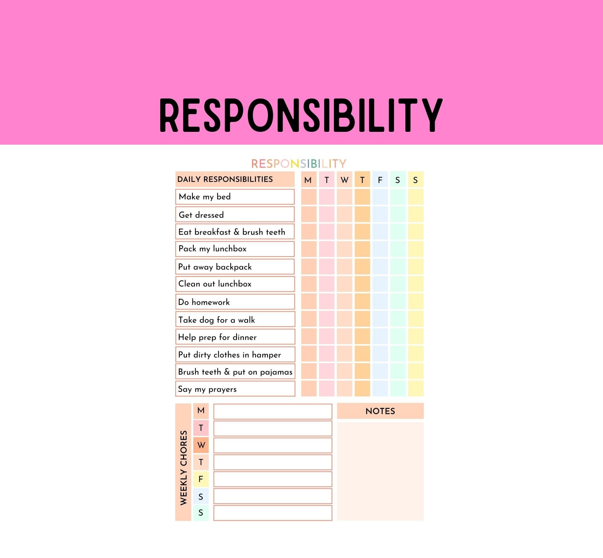 Responsibility Chart Printable, Weekly Chores, Routine for Kids, Daily ...