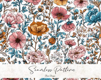 Cottagecore Floral Seamless Pattern: Pastel Pink Blush Blue Fabric Print (Digital Download)