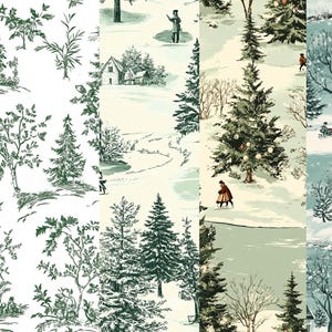 May include: A collage of four different winter scenes featuring illustrations of snow-covered landscapes, trees, houses, and people enjoying winter activities. The scenes are in shades of green, white, and blue.