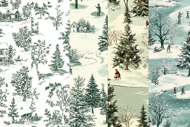May include: A collage of four different winter scenes featuring illustrations of snow-covered landscapes, trees, houses, and people enjoying winter activities. The scenes are in shades of green, white, and blue.
