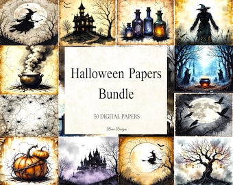 May include: A collection of digital Halloween-themed papers. The image features various illustrations, including a witch flying across a full moon, a haunted house, potion bottles, and a cauldron. The text reads "Halloween Papers Bundle" and "50 Digital Papers."